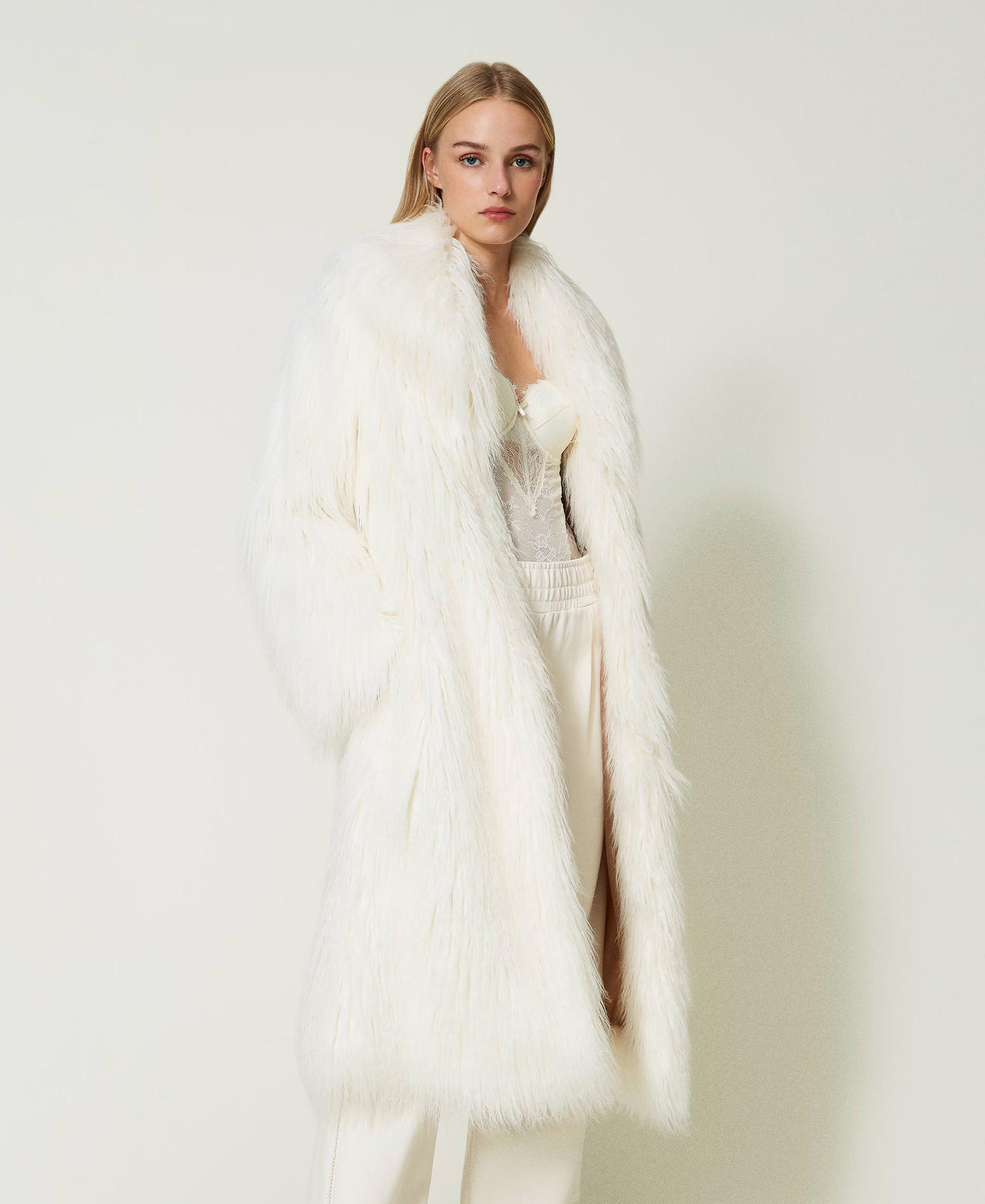 White faux fur coat on sale