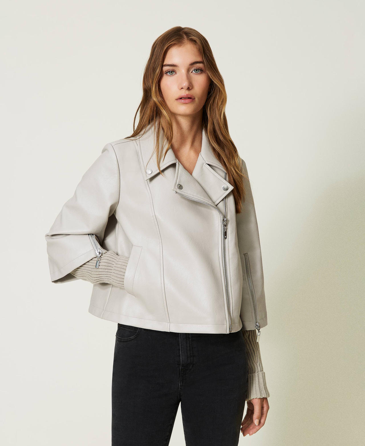 Leather jacket with knit sleeves sales