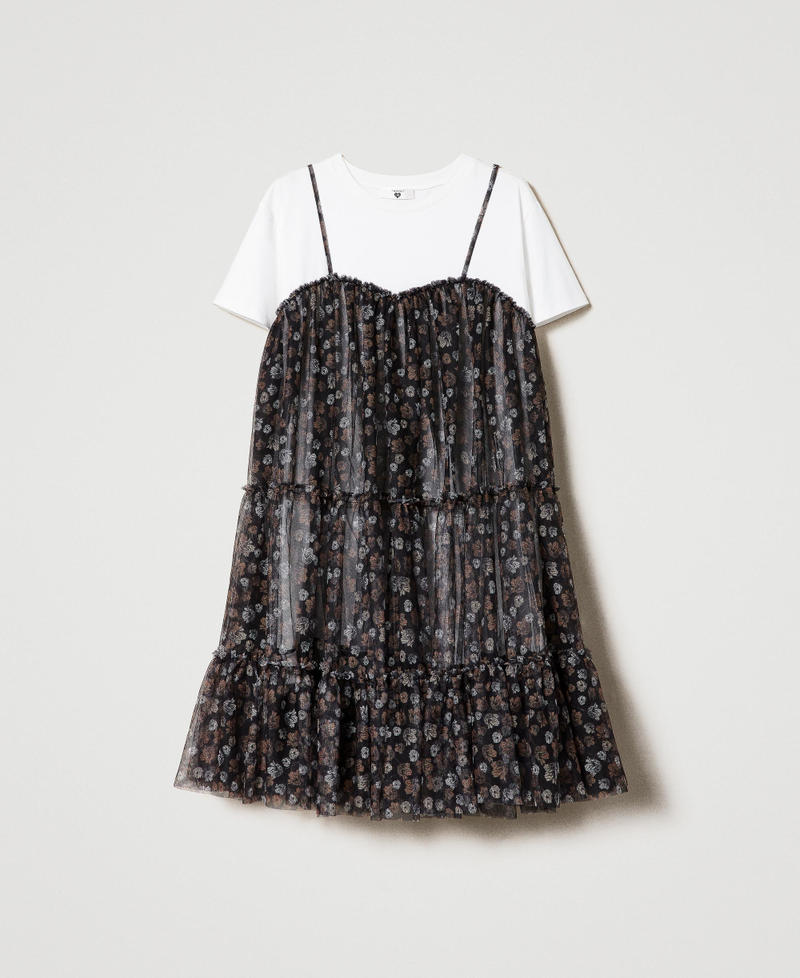 Kurzes Kleid aus geblümtem Tüll Zweifarbig Print Flowers Schwarz / „Sea Salt“-Weiß Frau 232LI2DRR-0S