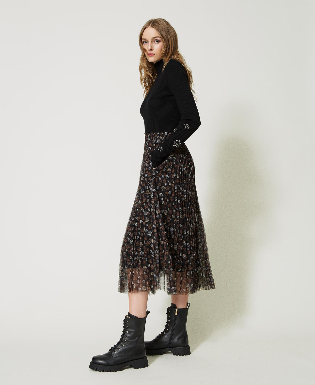 Gonna longuette in tulle a fiori Bicolor Stampa Flowers Nero / Nero Donna 232LI2DTT_11000_02