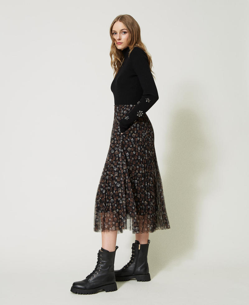 Gonna longuette in tulle a fiori Bicolor Stampa Flowers Nero / Nero Donna 232LI2DTT_11000_02