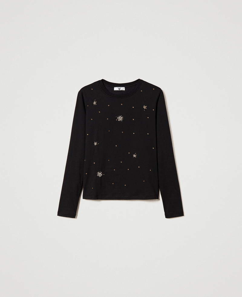 T-shirt with pearl and rhinestone embroidery