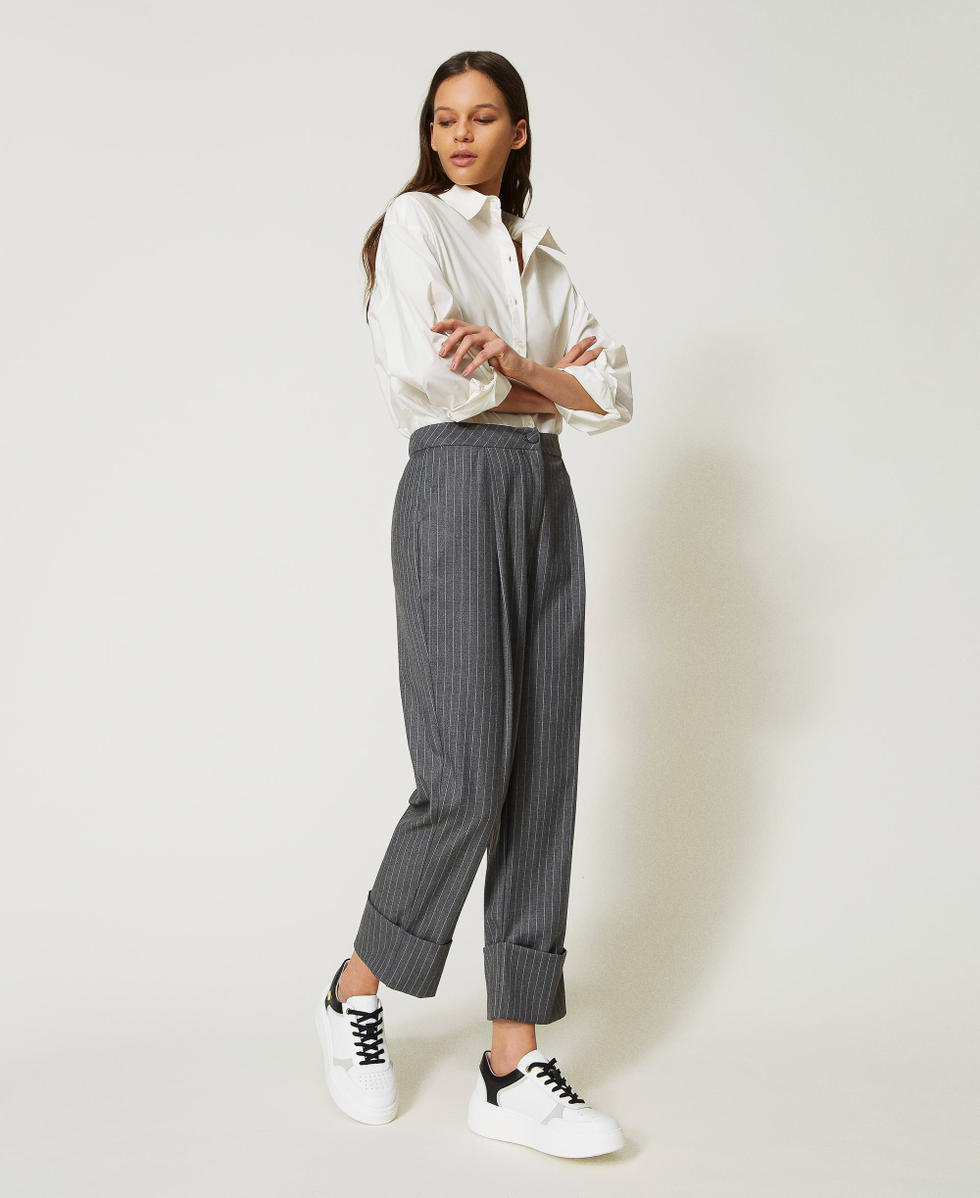 Pinstripe trousers with fold Woman, Black