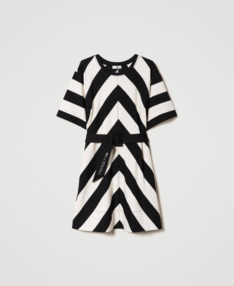 Short dress with chevron stripes and belt Vanilla / Black Woman 232LI2QBB-0S