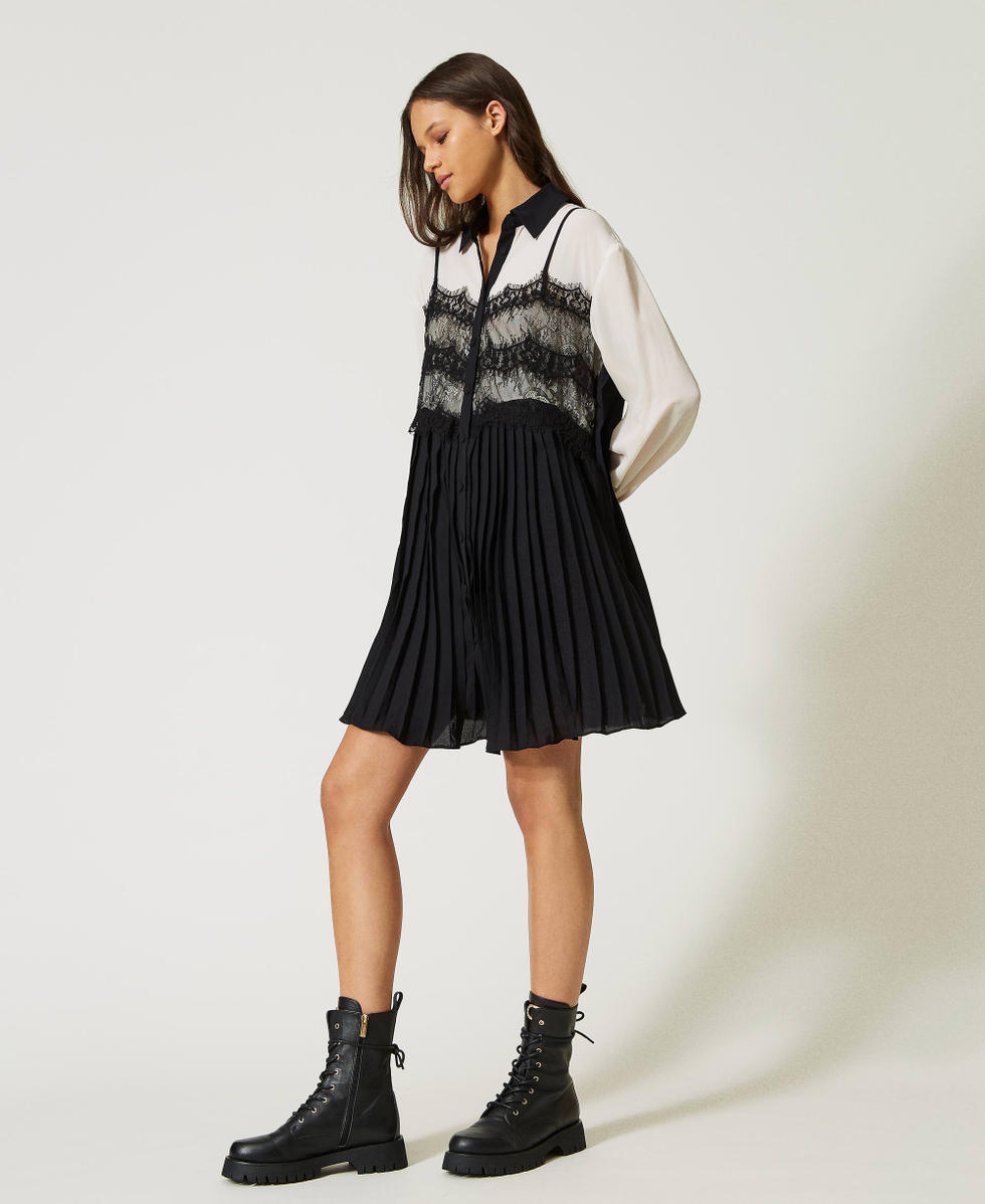 Tシャツ・カットソー LE TWINS SS25 'Lorella' blouse (LORELLA NERO) Short georgette shirt dress Woman, Black | TWINSET Milano