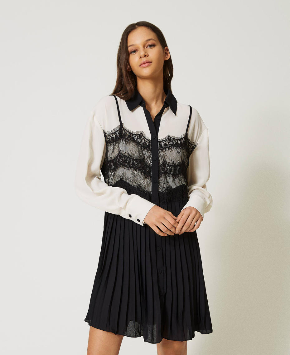 Short georgette shirt dress Two-tone Black / Vanilla Woman 232LI2RAA-03