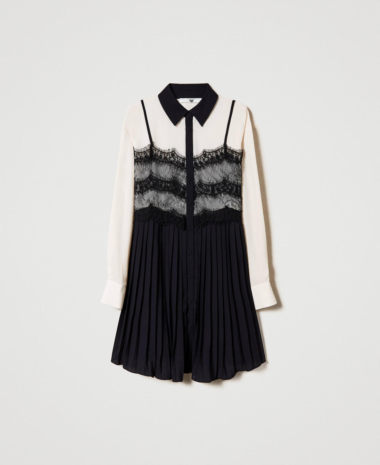 Короткое платье-рубашка из жоржета Двухцветный Черный/Ваниль женщина 232LI2RAA-0S