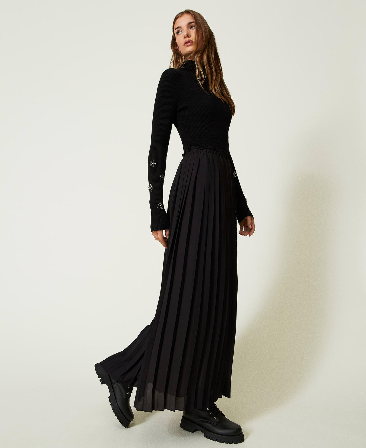 Длинная плиссированная юбка с кружевом Двухцветный Черный/Ваниль женщина 232LI2RBB-02