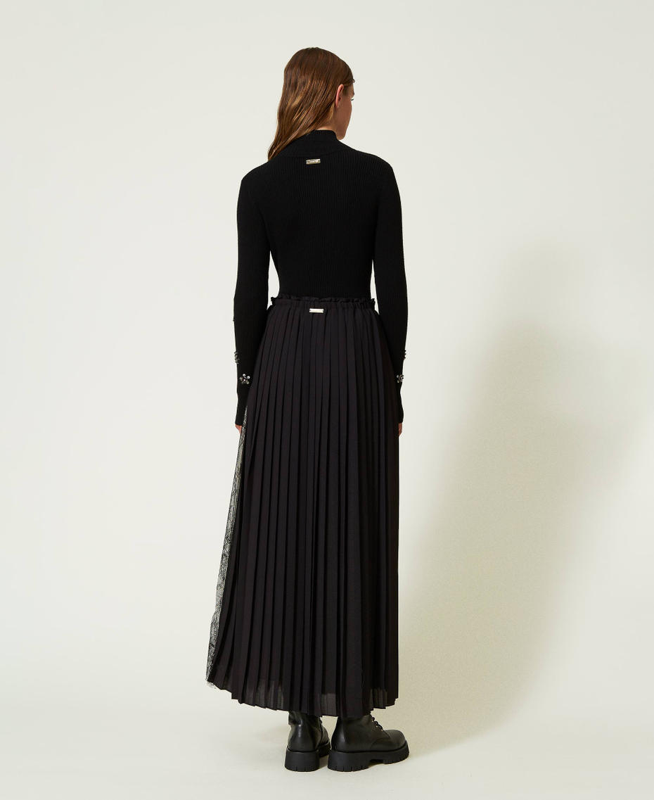 Jupe longue plissée avec dentelle Bicolore Noir/Vanille Femme 232LI2RBB-03