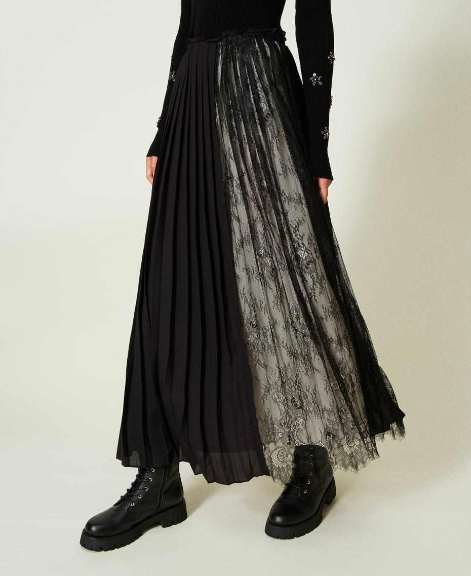 Длинная плиссированная юбка с кружевом Двухцветный Черный/Ваниль женщина 232LI2RBB-04