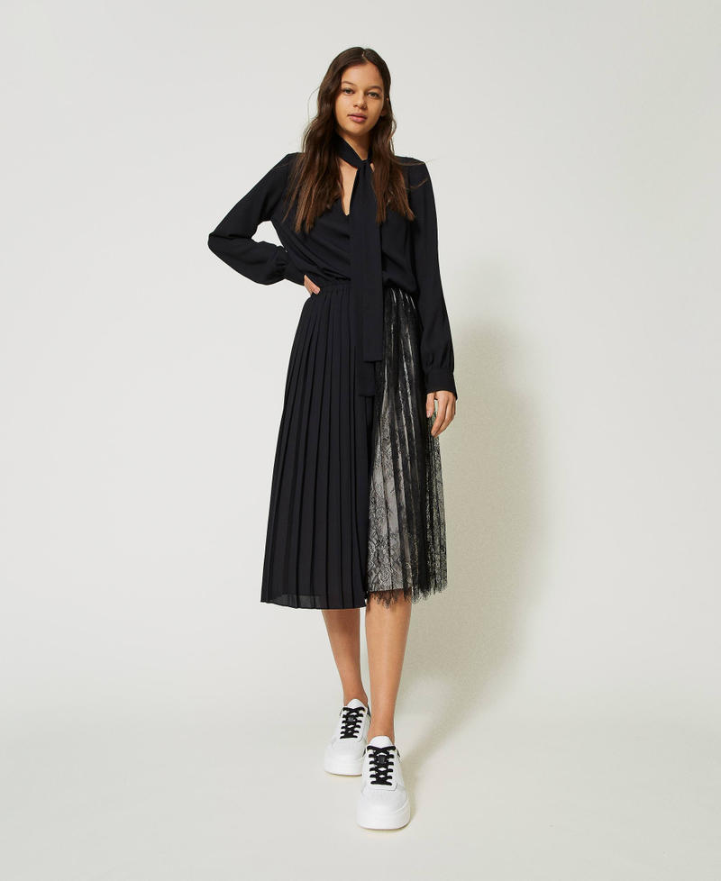 Midi georgette and lace dress Two-tone Black / Vanilla Woman 232LI2RCC-01