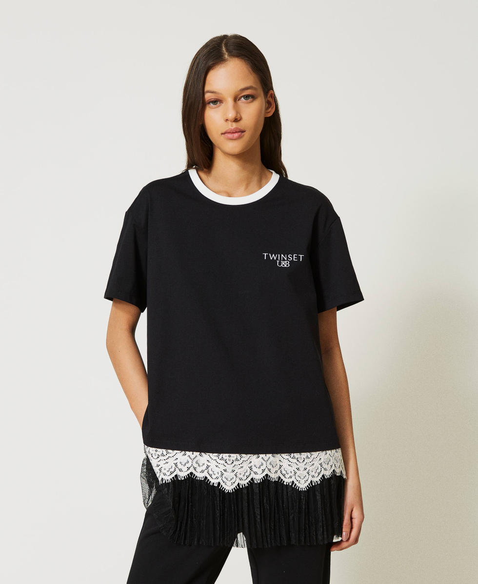 Maxi t shirt con pizzo e tulle plisse Donna Nero TWINSET Milano