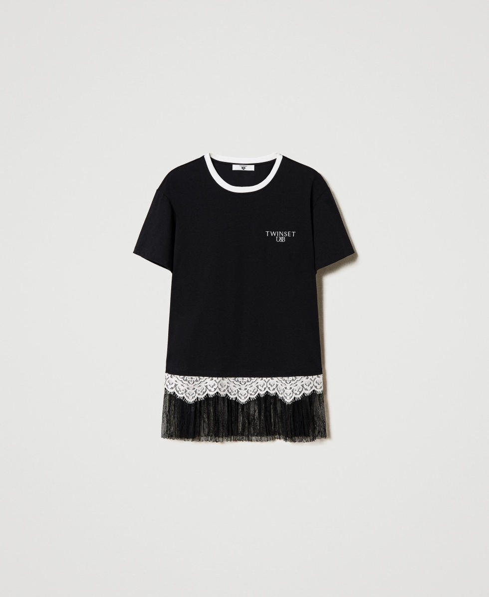 Maxi t-shirt with pleated tulle and lace