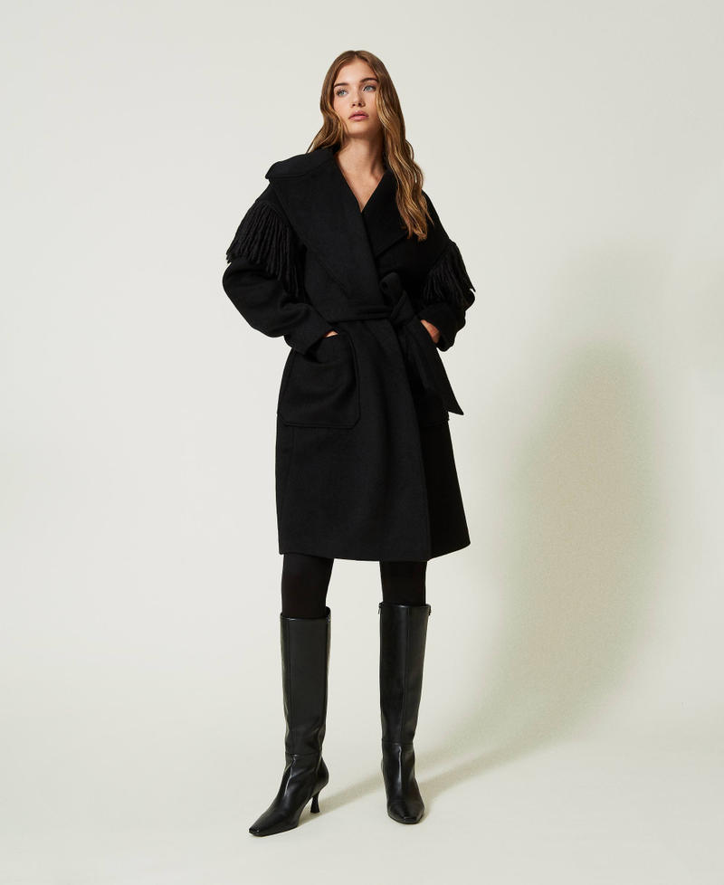 Wool cloth coat with fringes Black Woman 232LI2TAA-01