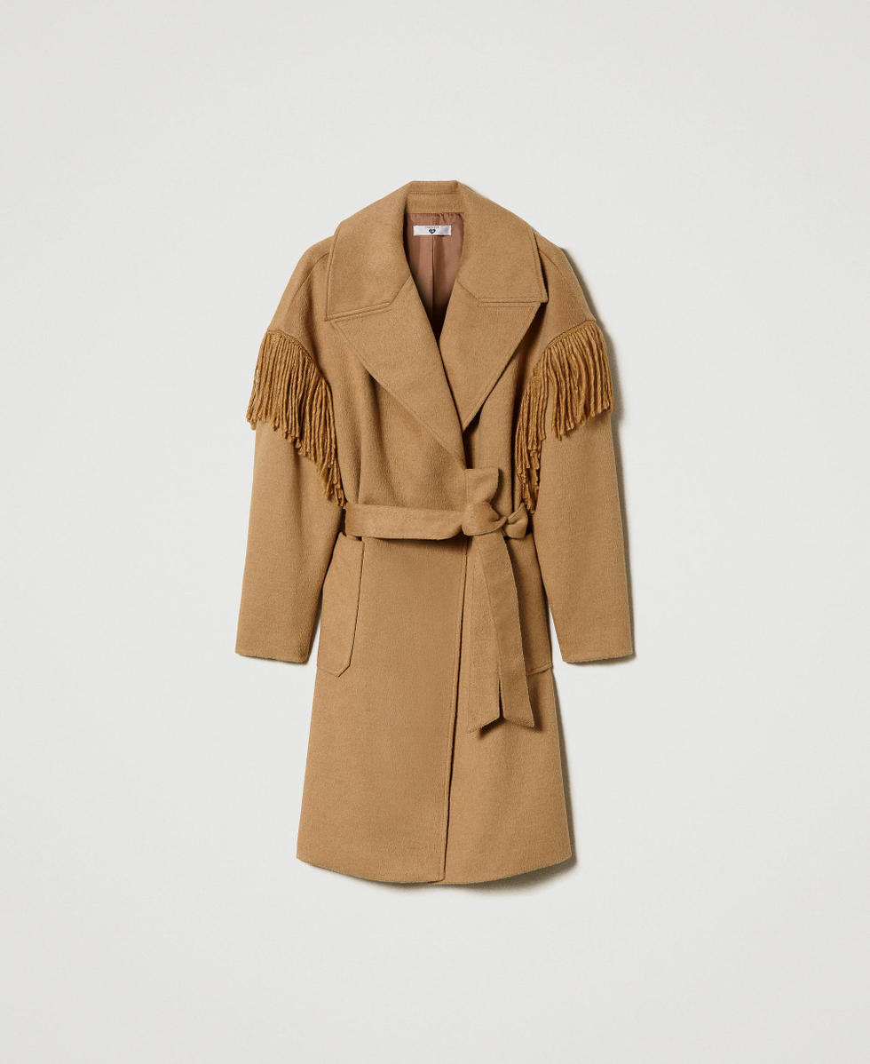 Wool cloth coat with fringes Woman Beige TWINSET Milano