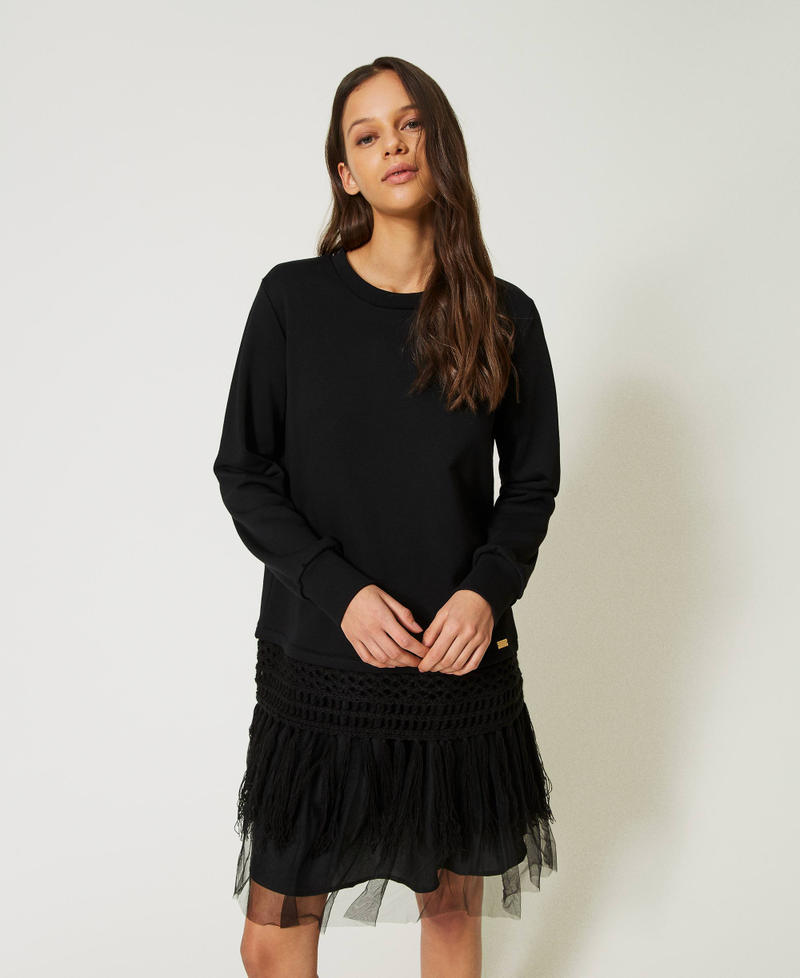 Plush fabric dress with tulle and fringes Black Woman 232LI2VCC-01