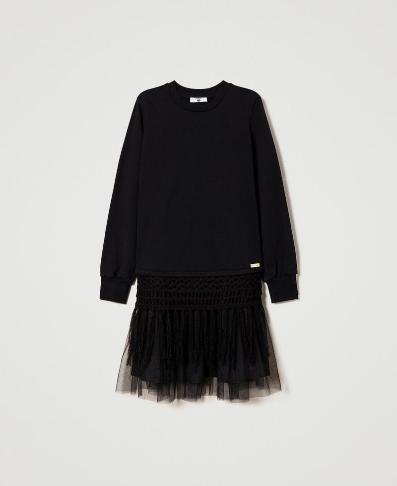 Plush fabric dress with tulle and fringes