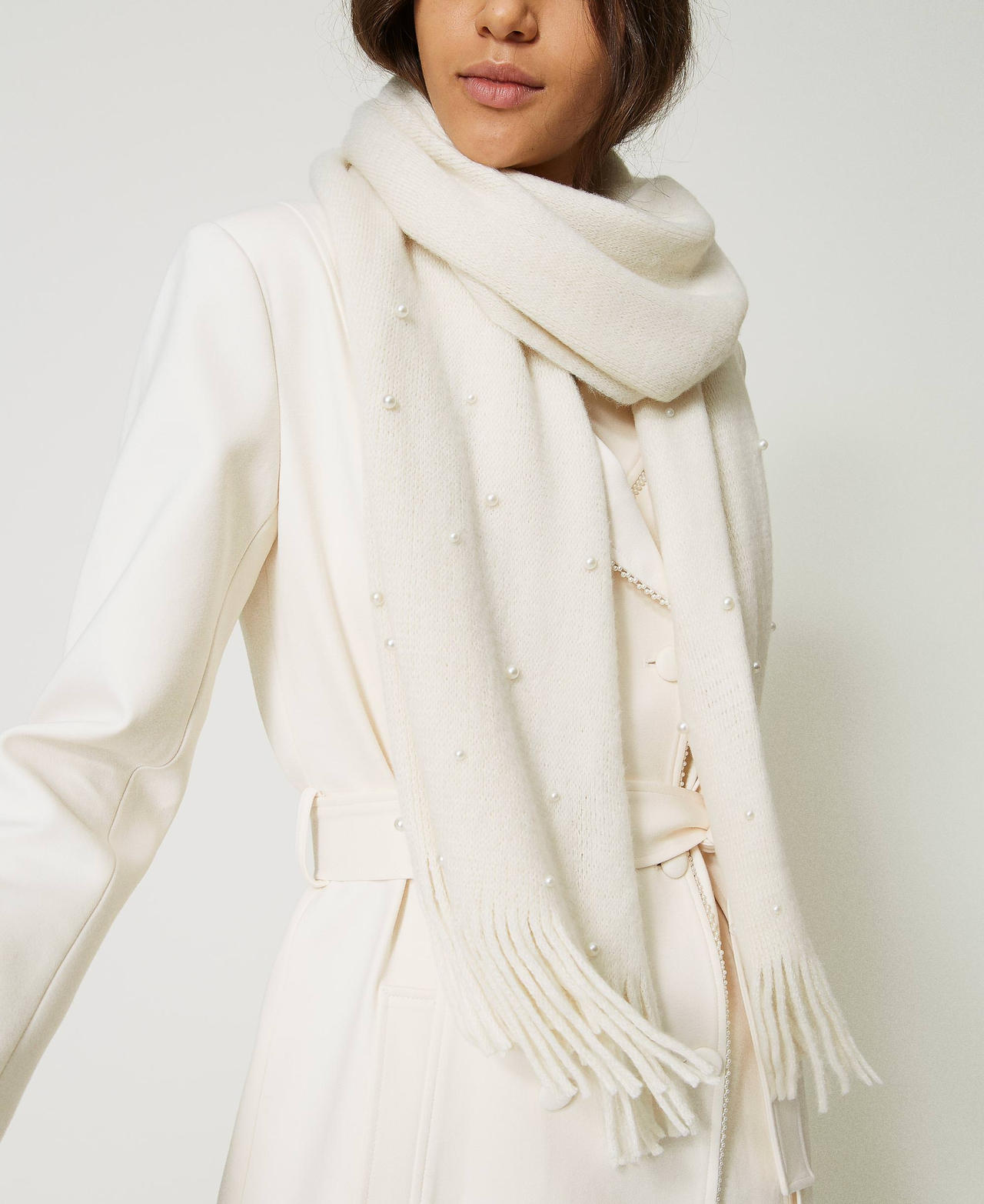 Scarf with pearls and fringes Vanilla White Woman 232LI4PLL_00145_0S