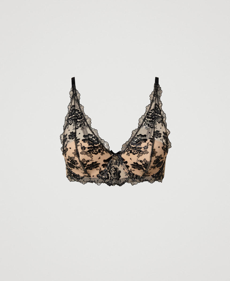 Embroidered tulle bralette Two-tone "Gold Sand" Beige / Black Woman 232LI6A33_10902_S0