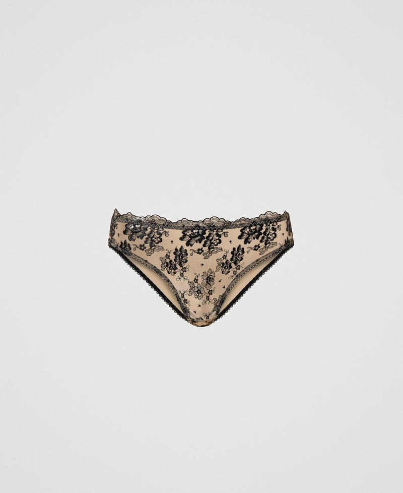 Embroidered tulle briefs Two-tone "Gold Sand" Beige / Black Woman 232LI6A66-0S