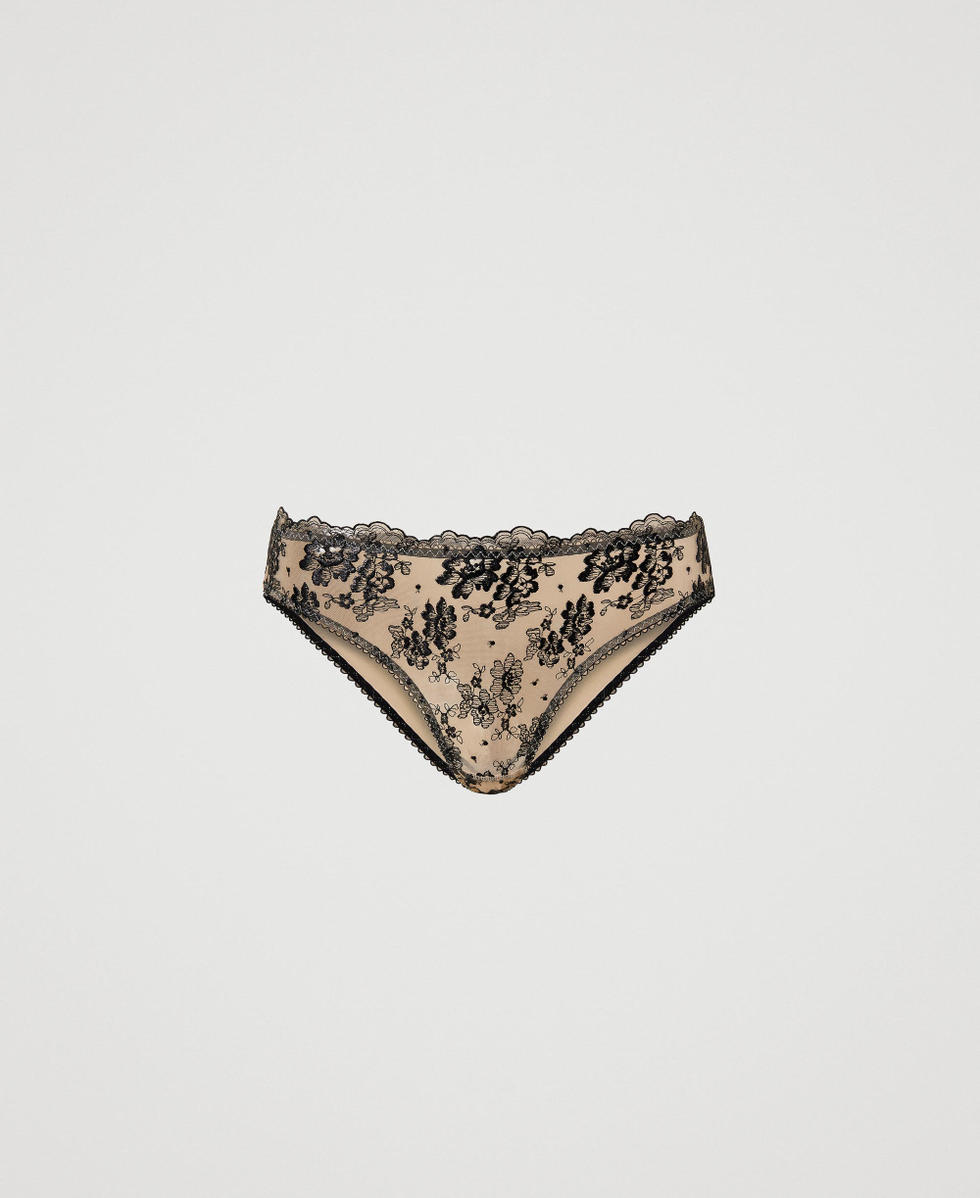 Embroidered tulle briefs Woman, Beige