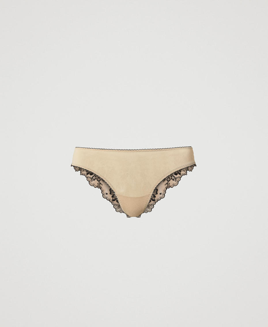 Embroidered tulle Brazilian briefs Two-tone "Gold Sand" Beige / Black Woman 232LI6A77-0S