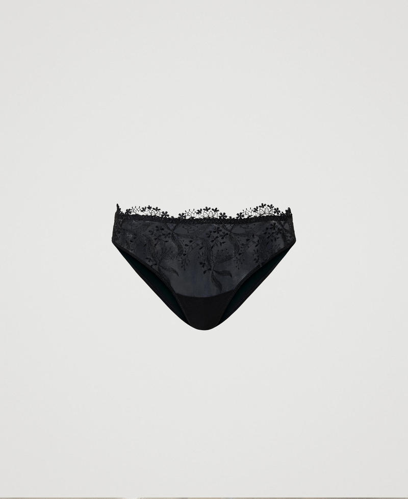 Slip in tulle con ricamo macram&egrave; Nero Donna 232LI6B66_00006_S0