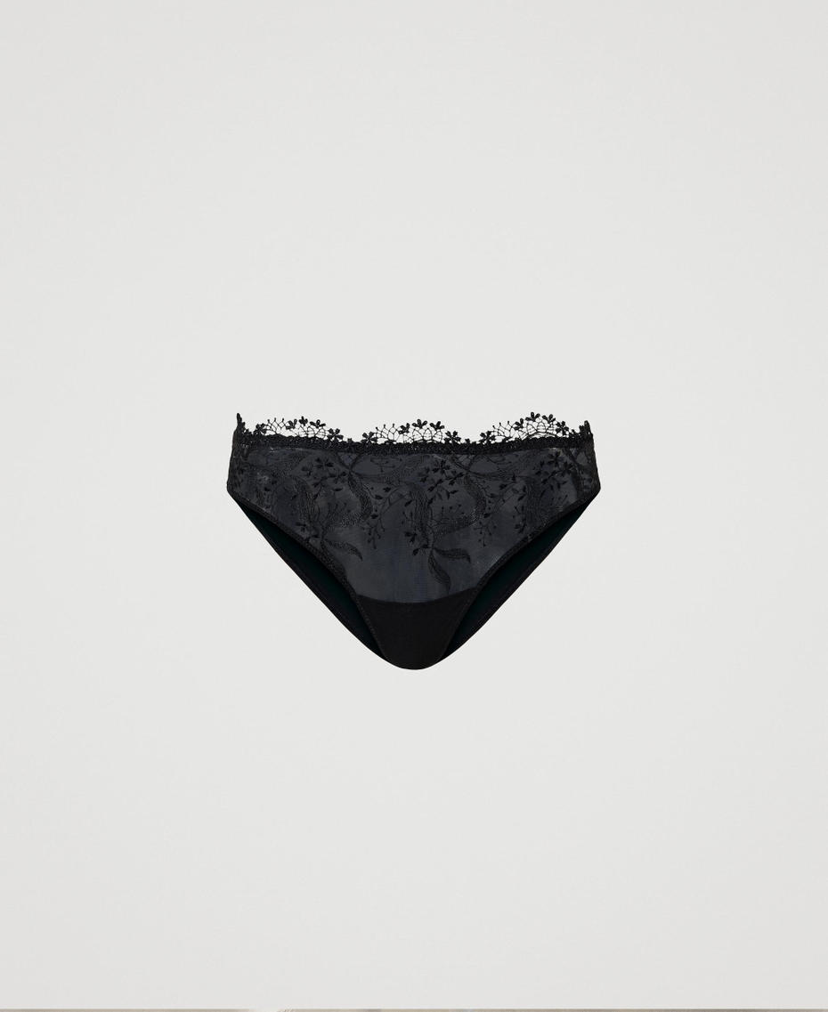 Slip in tulle con ricamo macram&egrave; Nero Donna 232LI6B66_00006_S0