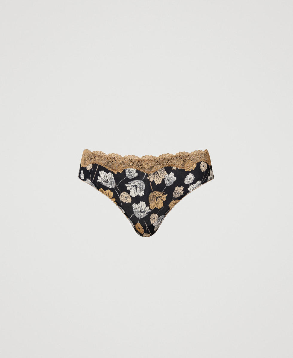 Brazilian briefs with print and lace Black Flowers Print Woman 232LI6C77_10932_S0