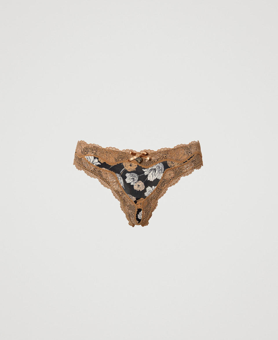 G-string with print and lace Black Flowers Print Woman 232LI6C88_10932_0S