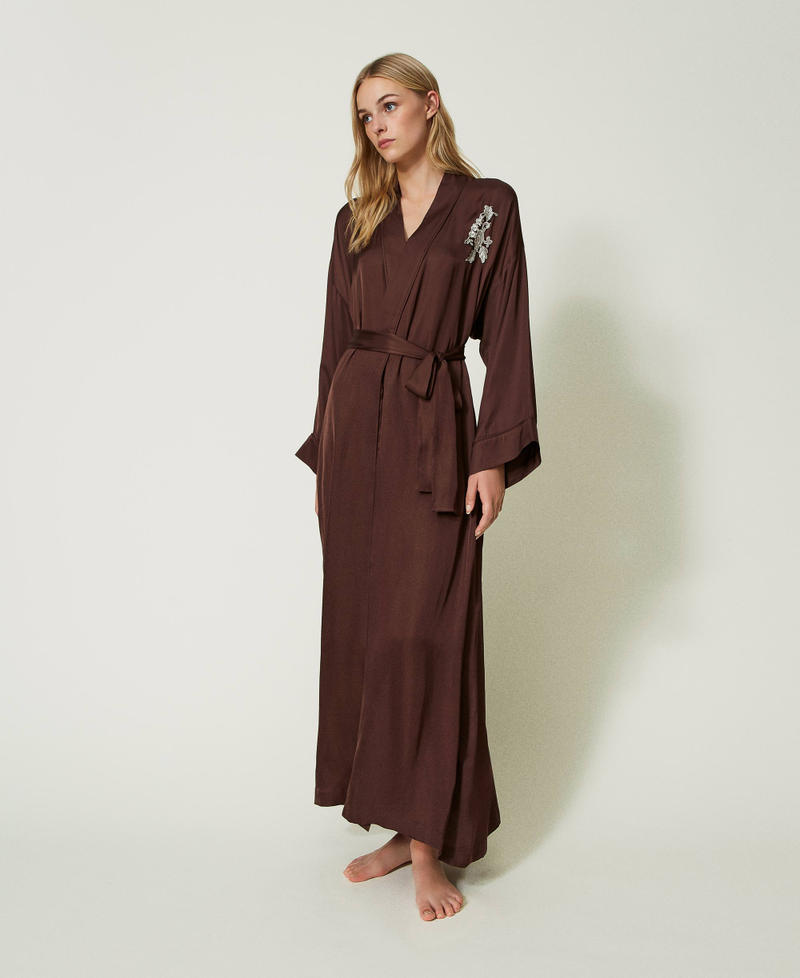 Long satin dressing gown with embroidery "Coffee Bean” Brown Woman 232LL2AXX-01