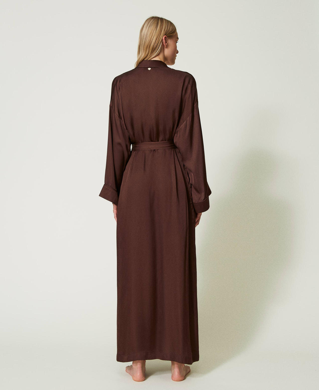 Long satin dressing gown with embroidery "Coffee Bean” Brown Woman 232LL2AXX-03