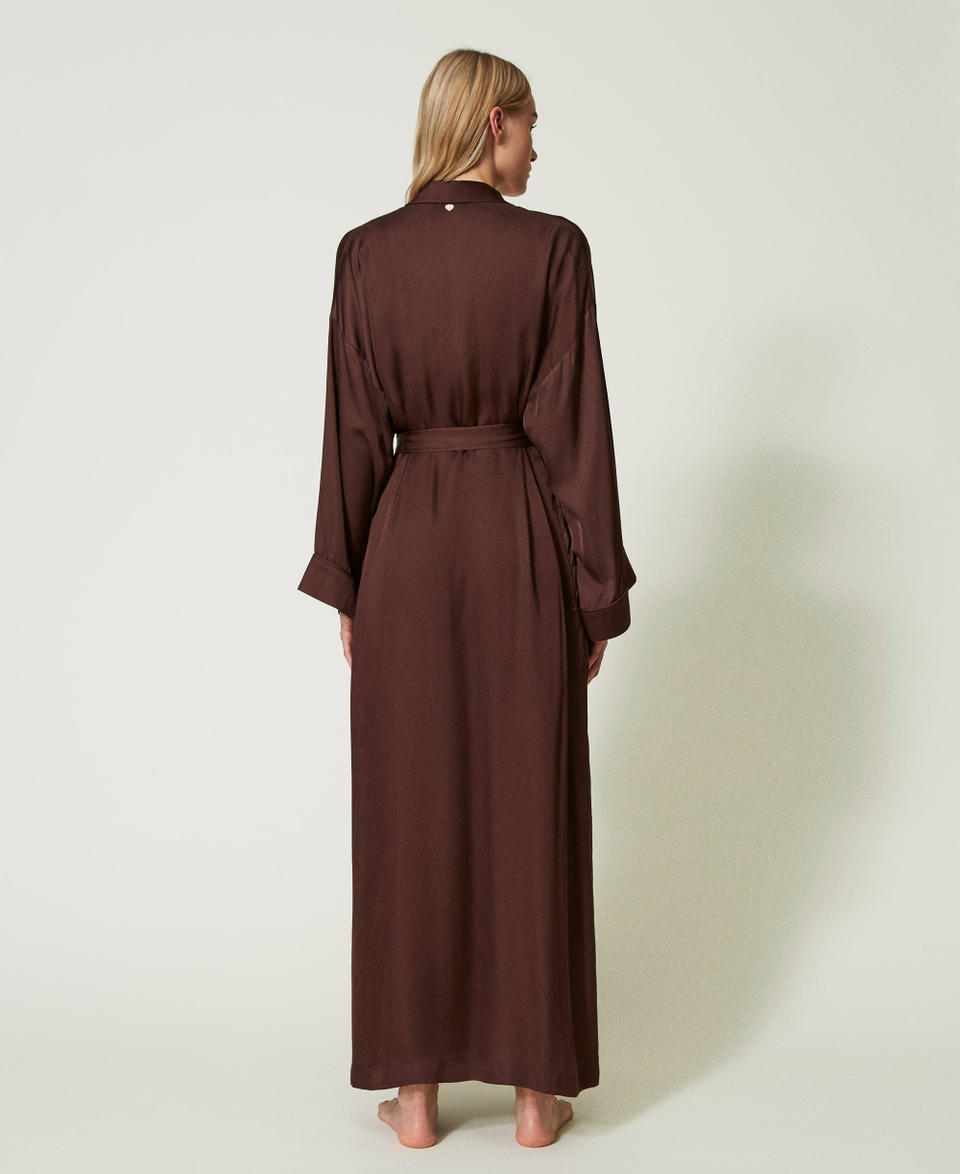 Long satin dressing gown with embroidery "Coffee Bean” Brown Woman 232LL2AXX_11047_03