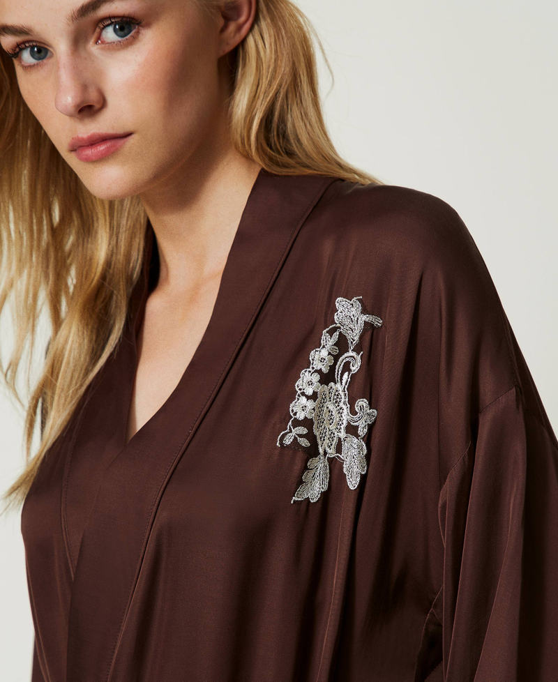 Long satin dressing gown with embroidery "Coffee Bean” Brown Woman 232LL2AXX-04