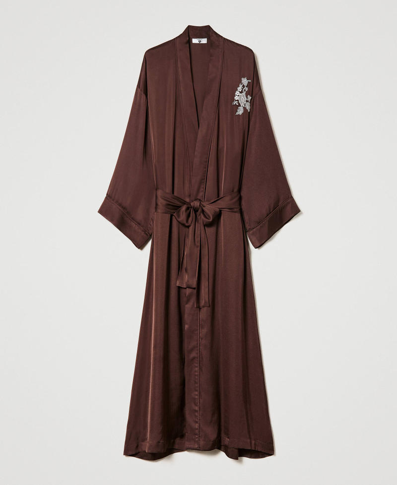 Long satin dressing gown with embroidery "Coffee Bean” Brown Woman 232LL2AXX-0S