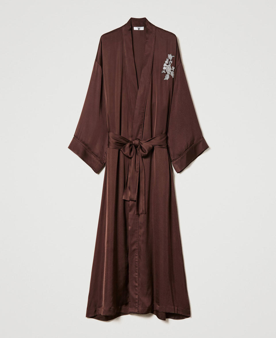 Long satin dressing gown with embroidery "Coffee Bean” Brown Woman 232LL2AXX_11047_S0