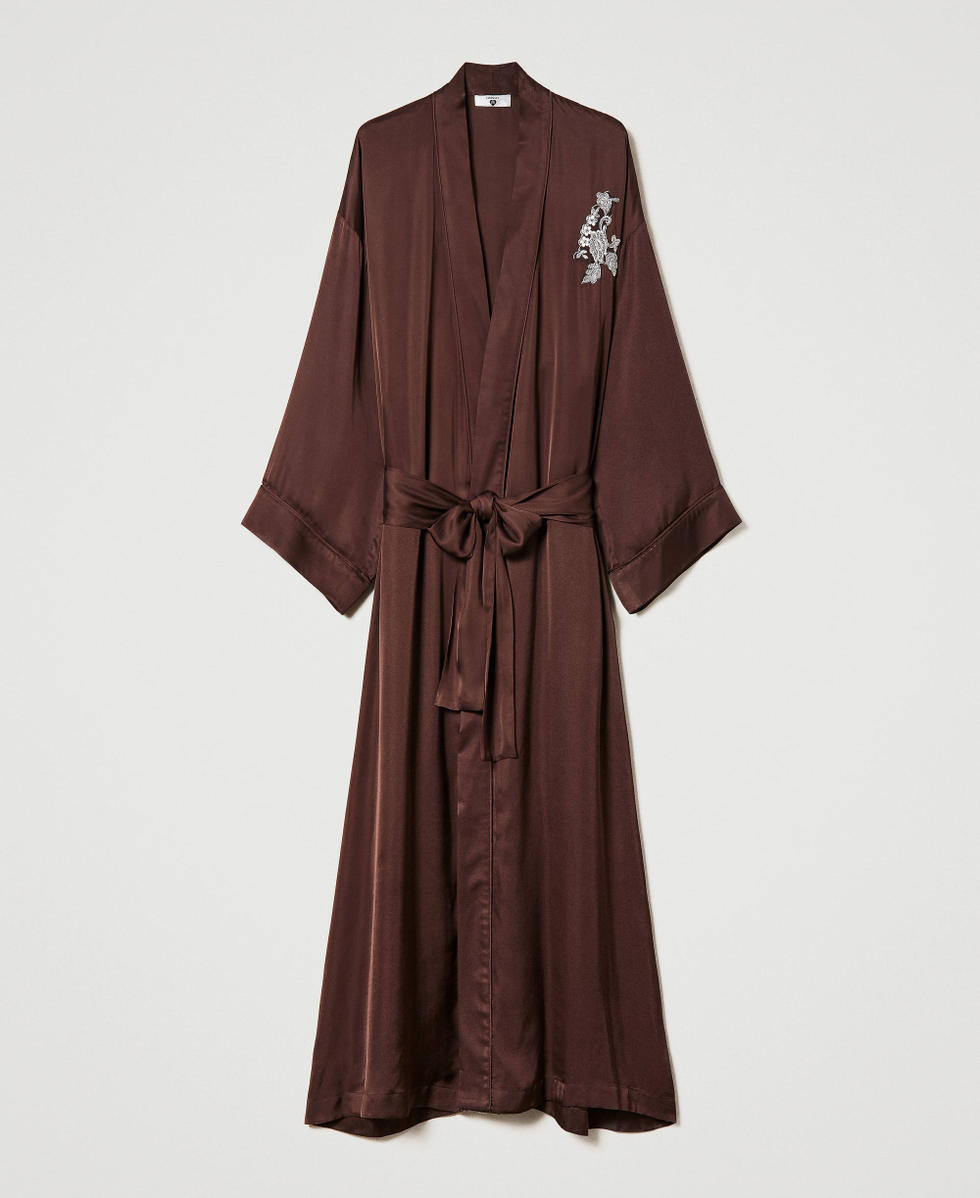 Long satin dressing gown with embroidery