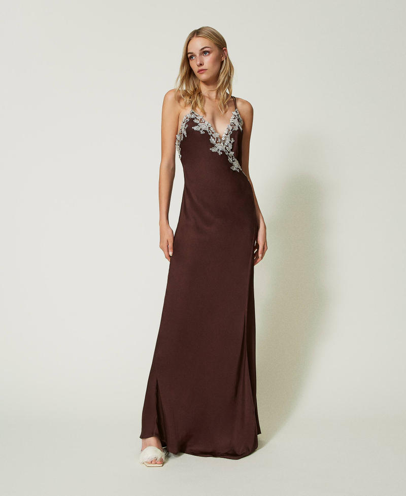 Long satin slip with lace "Coffee Bean” Brown Woman 232LL2AYY-01
