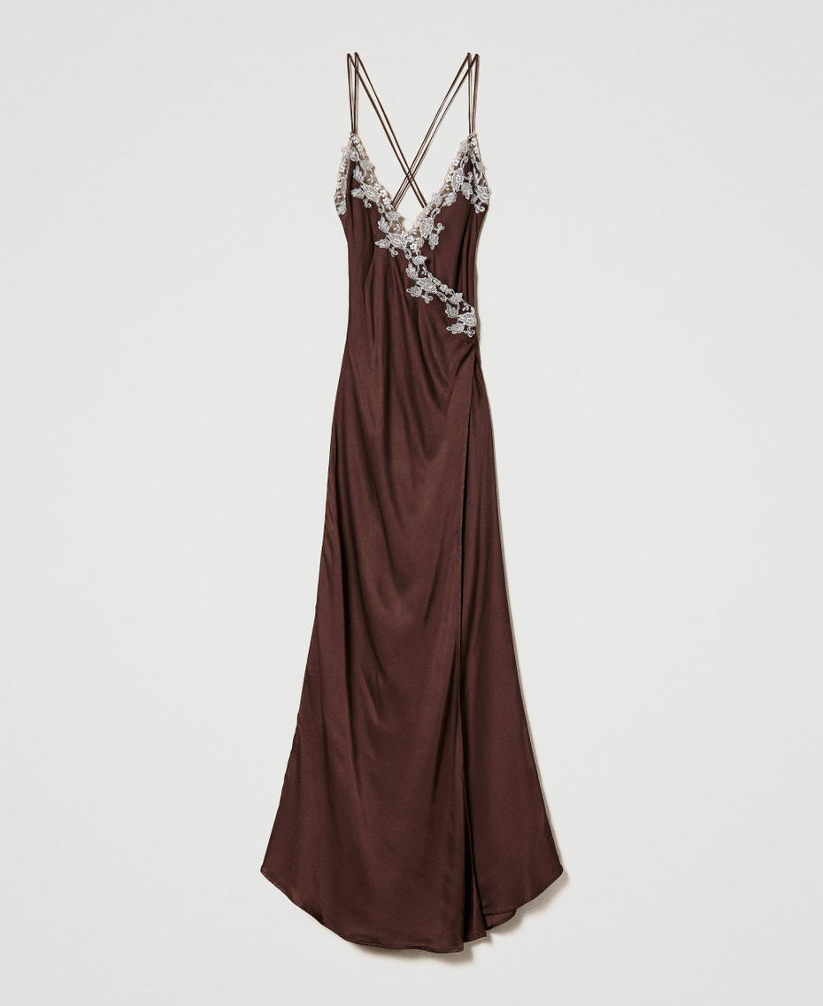 Long satin slip with lace "Coffee Bean” Brown Woman 232LL2AYY-0S
