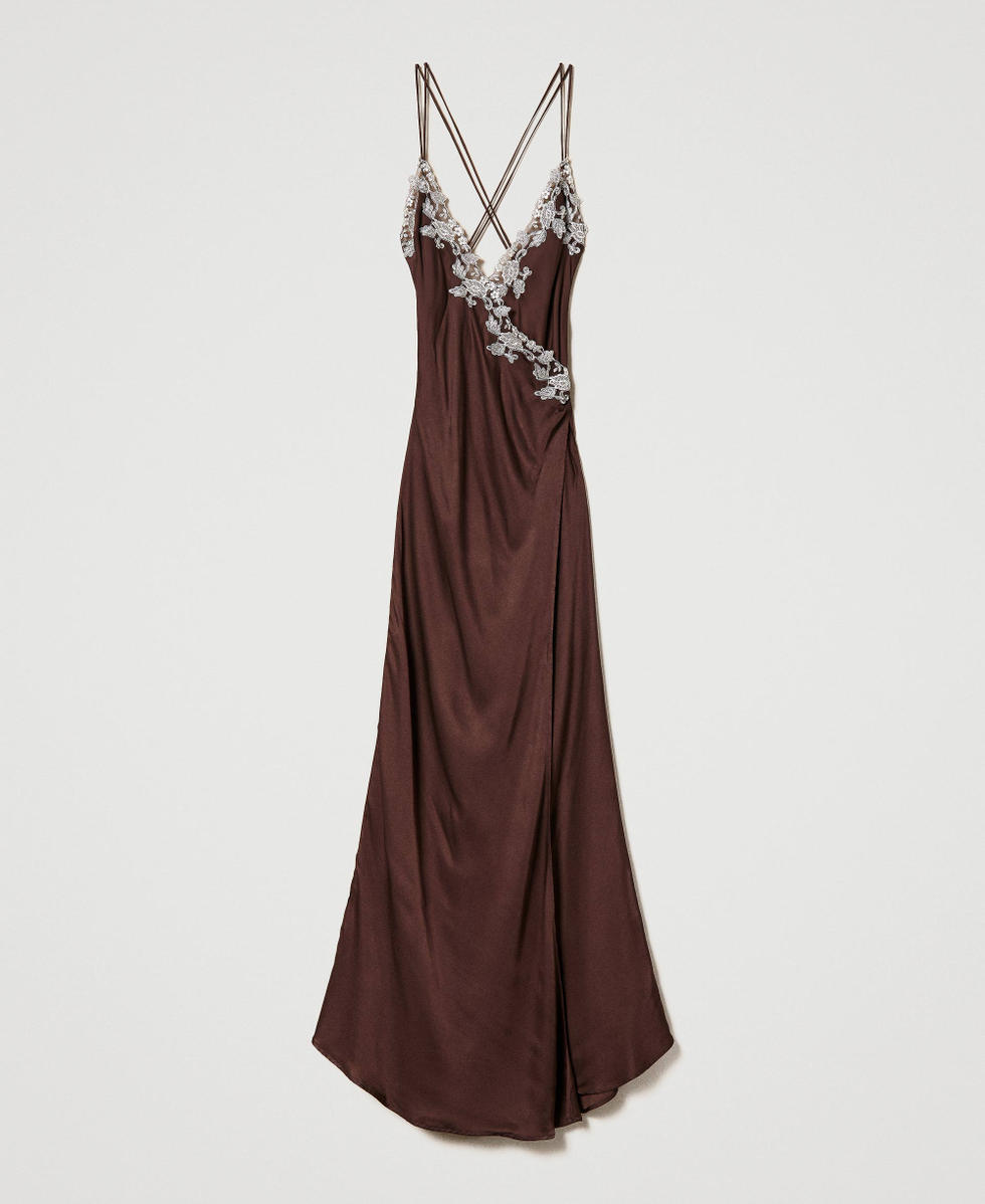Long satin slip with lace "Coffee Bean&rdquo; Brown Woman 232LL2AYY_11047_S0