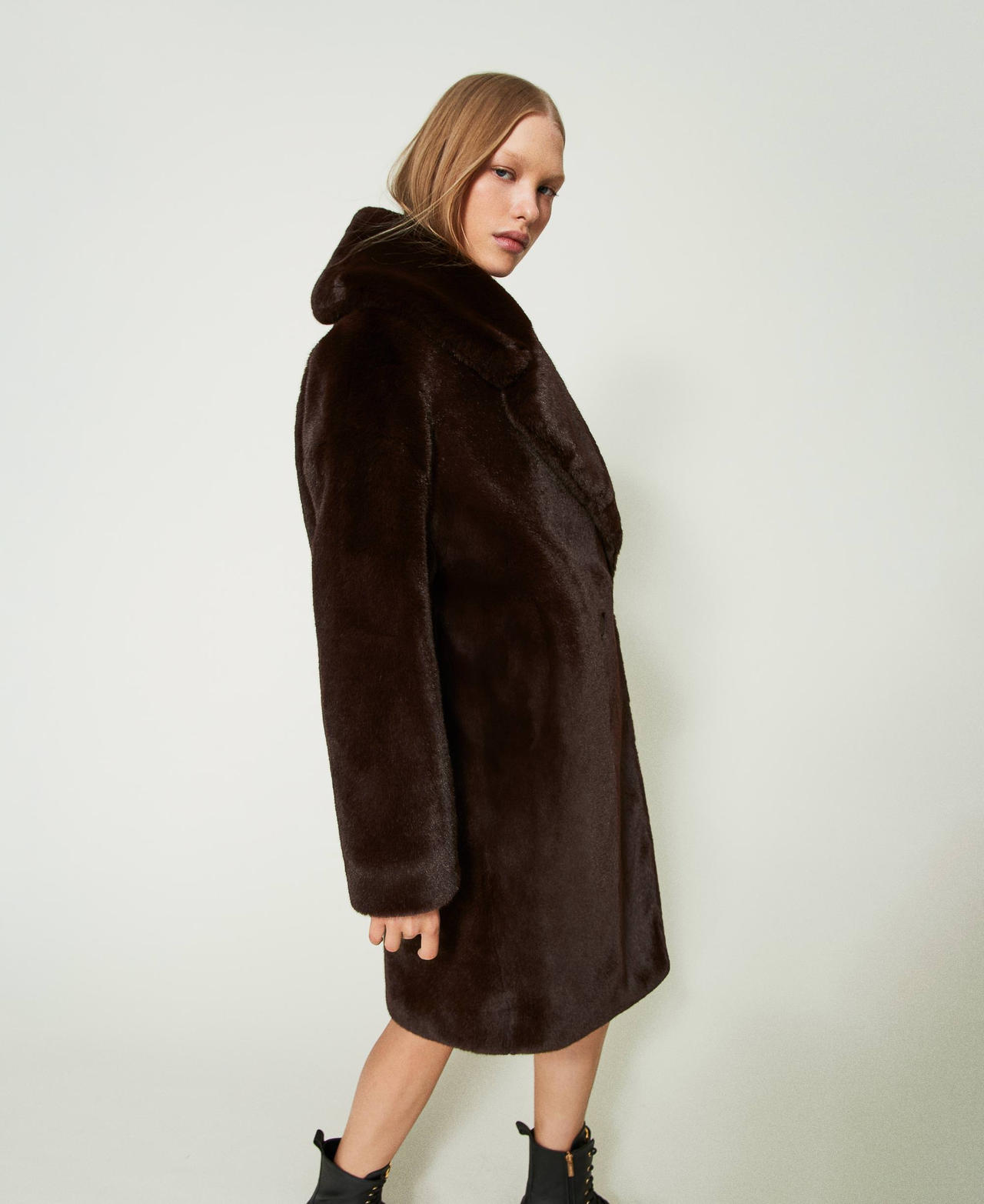 Double breasted faux fur coat Woman Brown TWINSET Milano