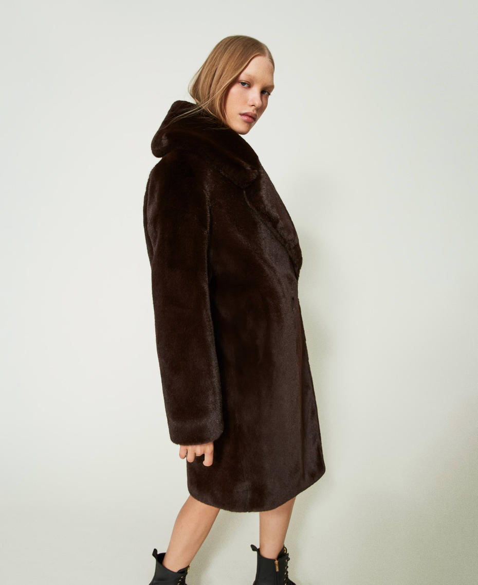 Double-breasted faux fur coat "Coffee Bean” Brown Woman 232LL2BAA-01