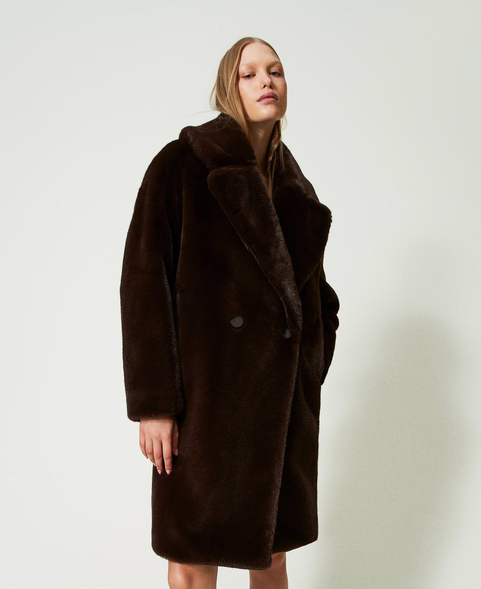 Double-breasted faux fur coat Woman, Brown