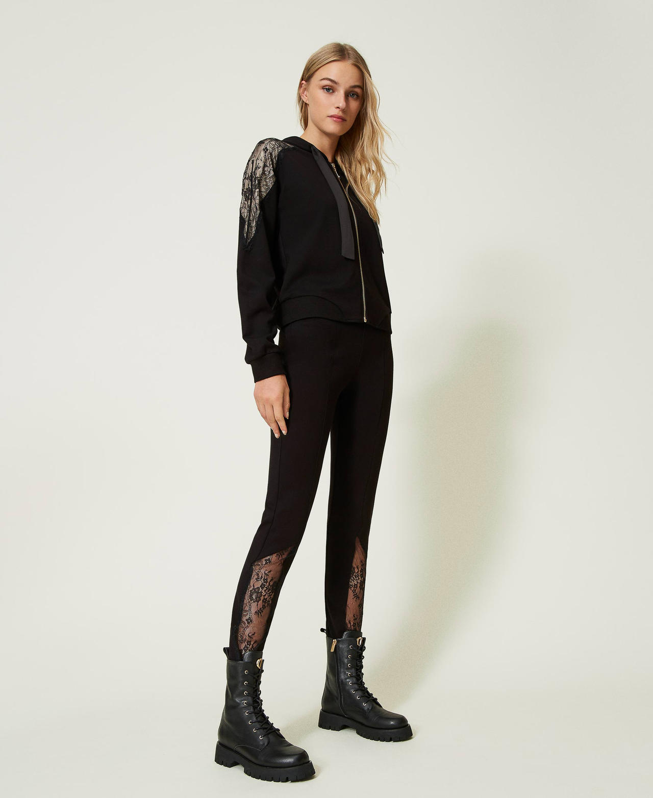 Leggings with lace inserts Woman Black TWINSET Milano
