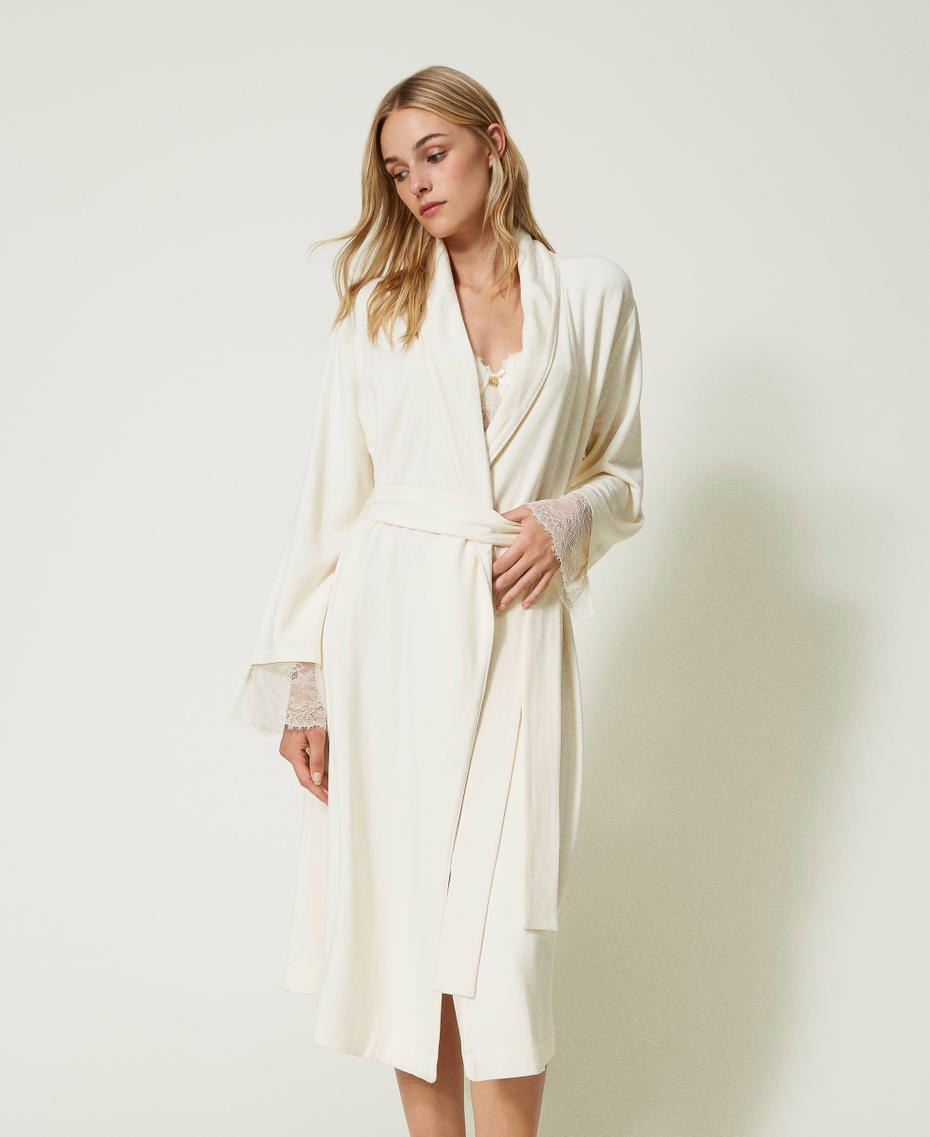 Long dressing gown with lace Mother Of Pearl Woman 232LL2CKK-01