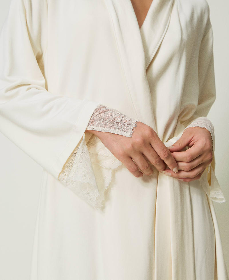 Long dressing gown with lace Mother Of Pearl Woman 232LL2CKK-04