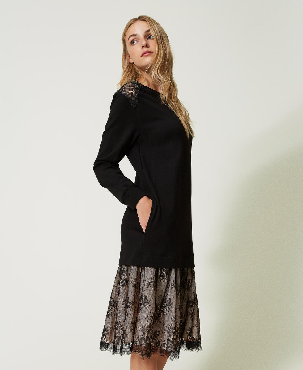 Robe midi en scuba et dentelle Femme Noir TWINSET Milano