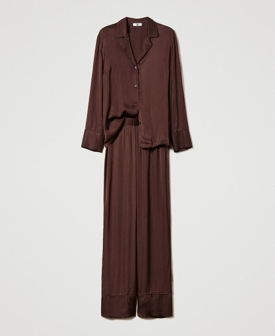 Herrenmäßiger Pyjama aus Satin mit Paspeln „Coffee Bean“-Braun Frau 232LL2ETT-0S