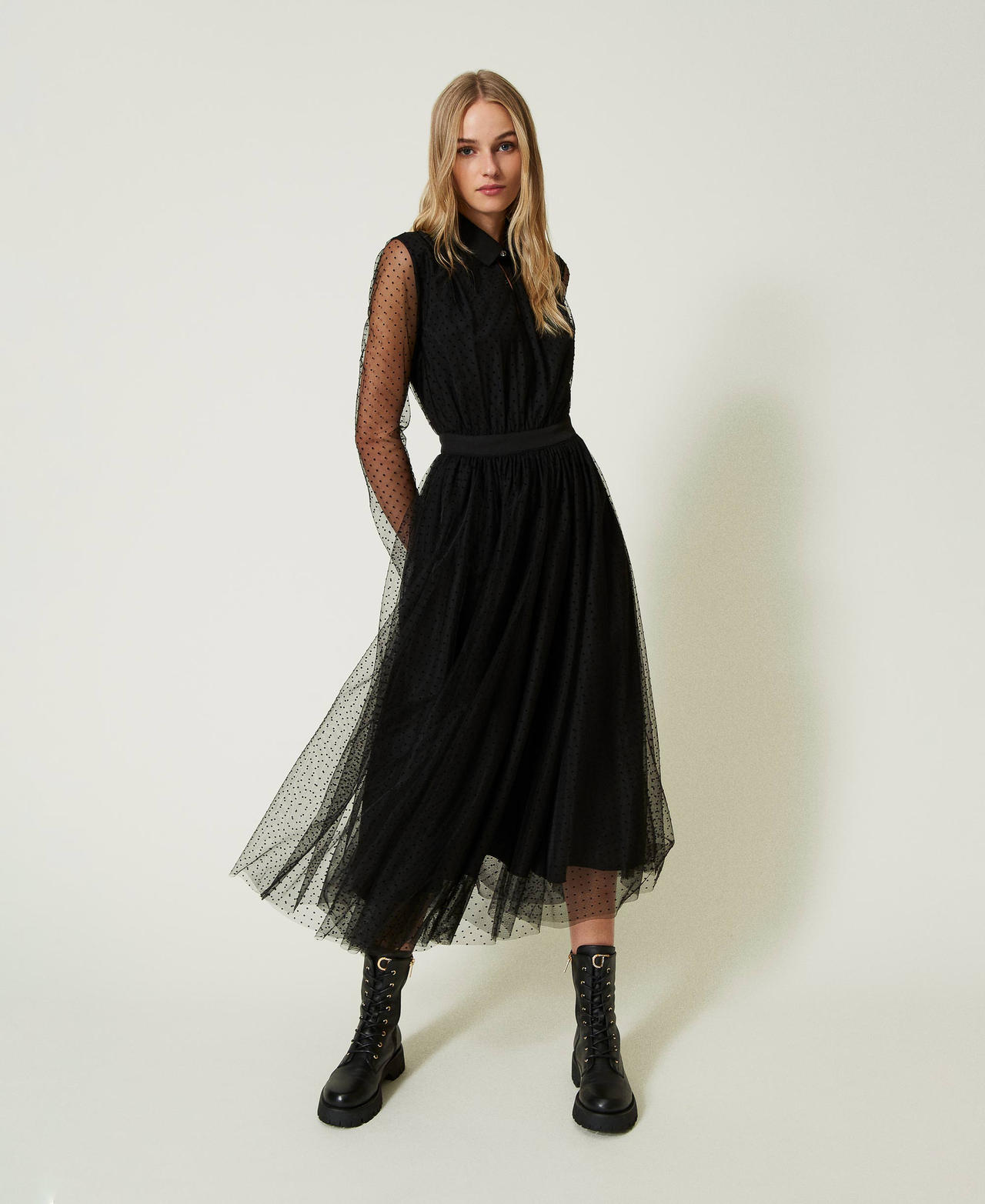 Plumetis tulle midi dress Woman, Black | TWINSET Milano