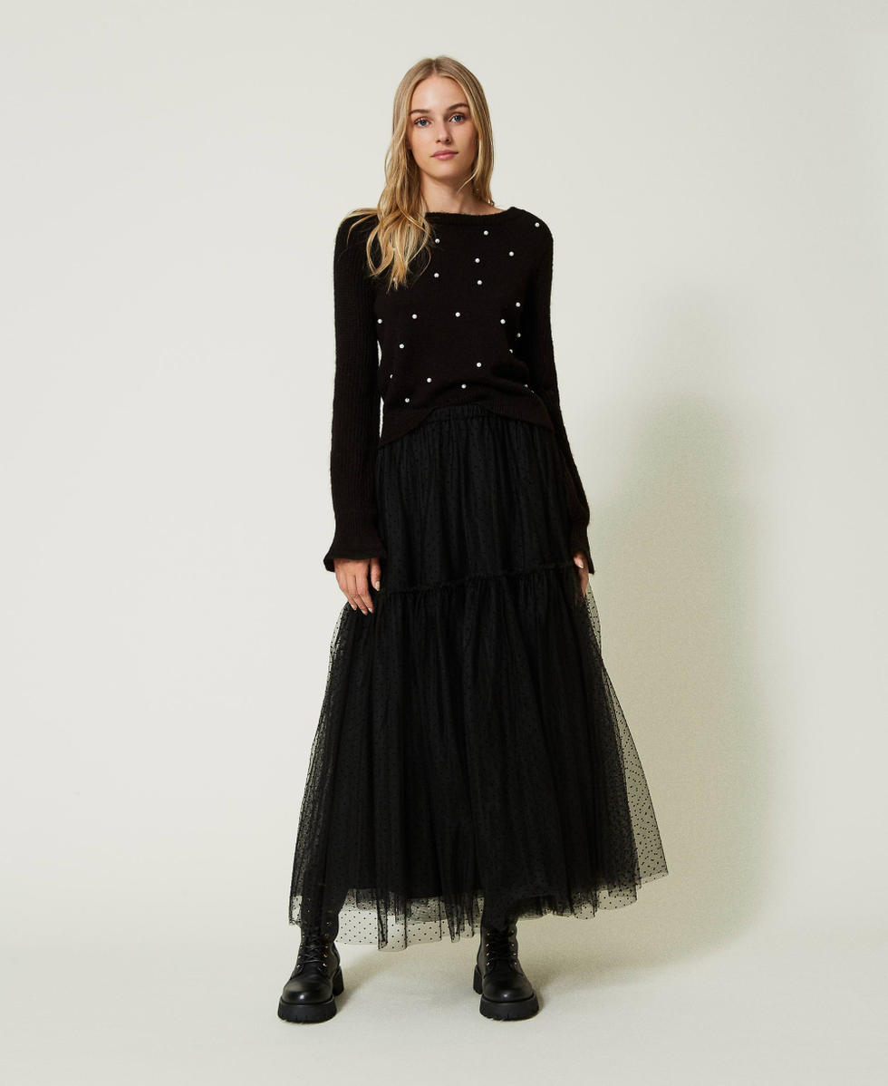 Jupe longue en tulle plumetis Femme, Noir